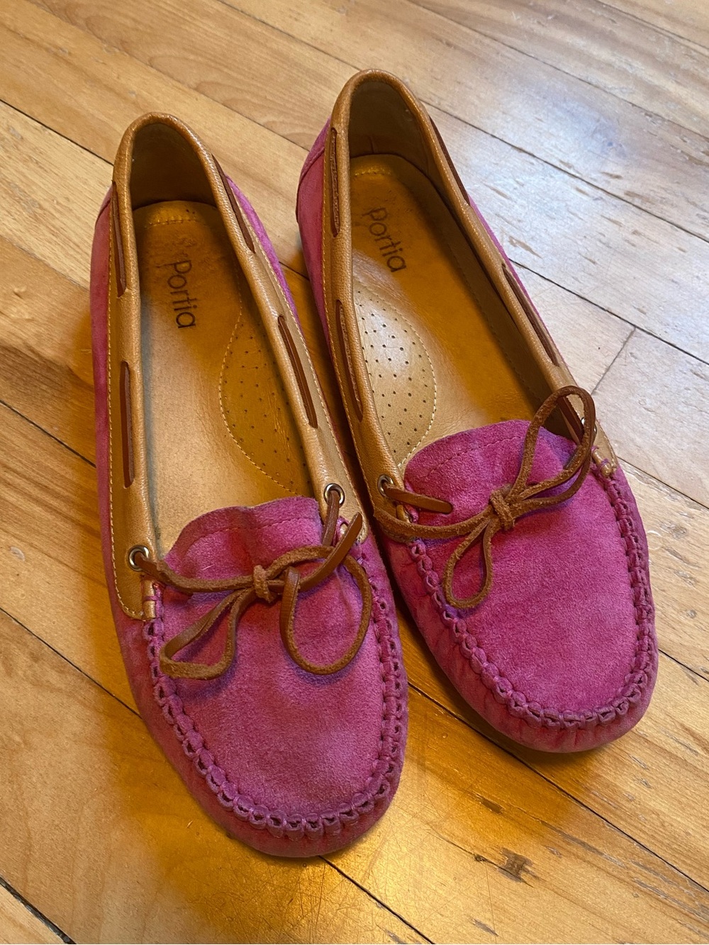 Portia Pink Suede Moccasin/Boat Shoes Tan Leather Trim Size 7.5 Sperry’s Comfort